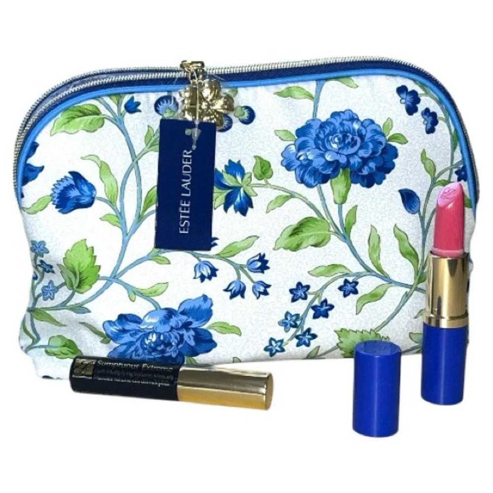 Estee Lauder Pure Color 220 Powerful Lipstick with Mascara & Floral Bag Bundle